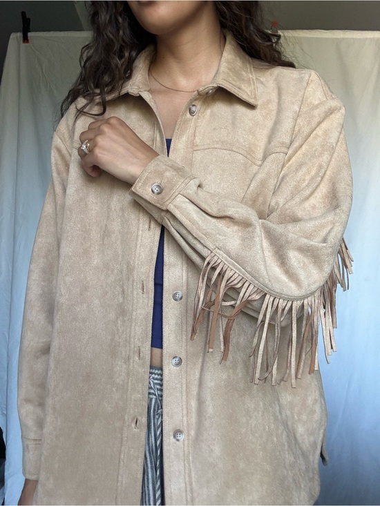 ICHI Jackets & Blazers - Beige Suede Fringe Button-Front Leather Jacket